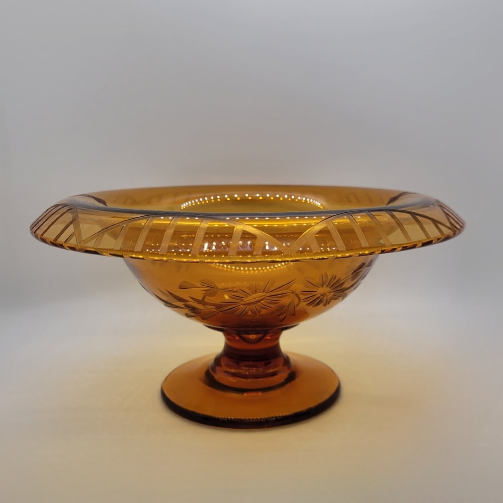 Vintage Amber Glass Footed Centerpiece Bowl Etched Floral Pedestal Dish